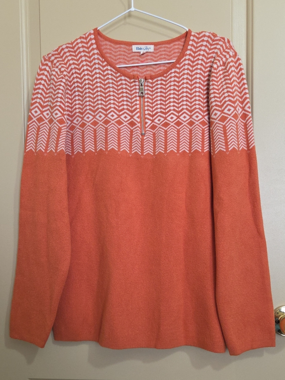 Elsie & Zoey Coral-White Zip Yoke Sweater